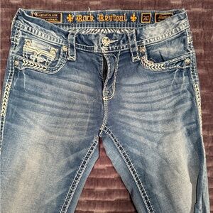 Rock Revival Blue Boot Cut Jeans with White Stitching